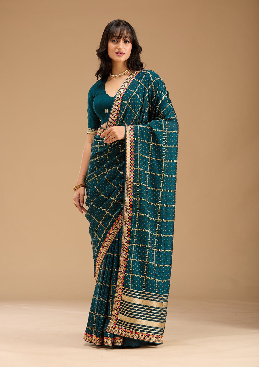 Peacock Blue Gold Zariwork Soft Raw Silk Saree