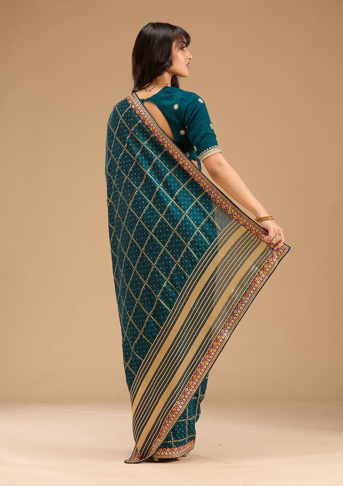 Peacock Blue Gold Zariwork Soft Raw Silk Saree