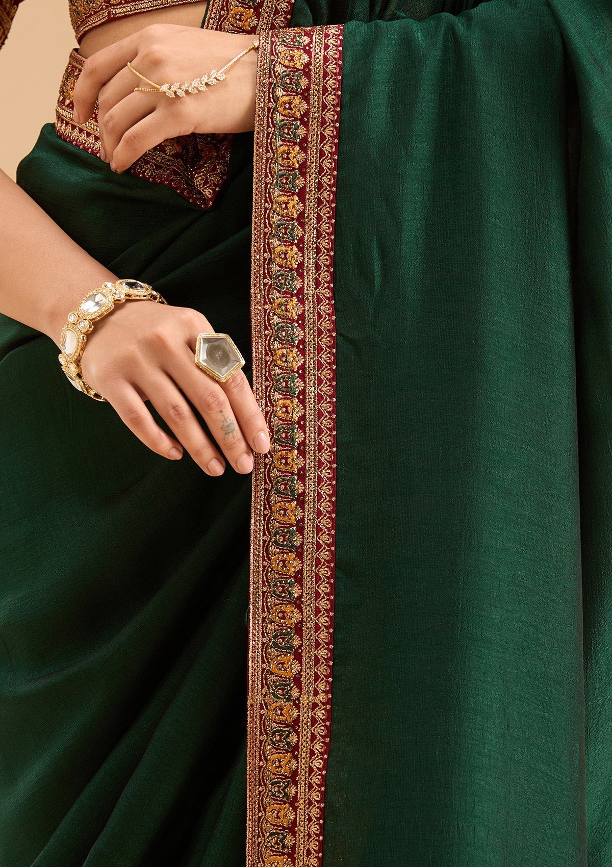 Bottle Green Gold Zariwork Soft Raw Silk Saree
