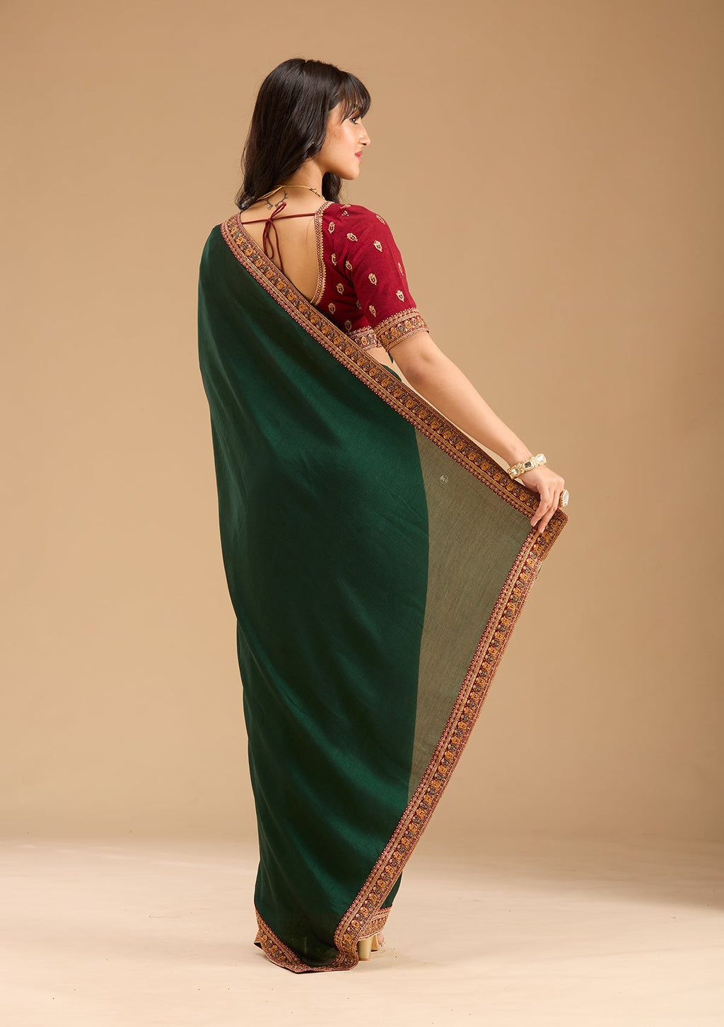 Bottle Green Gold Zariwork Soft Raw Silk Saree