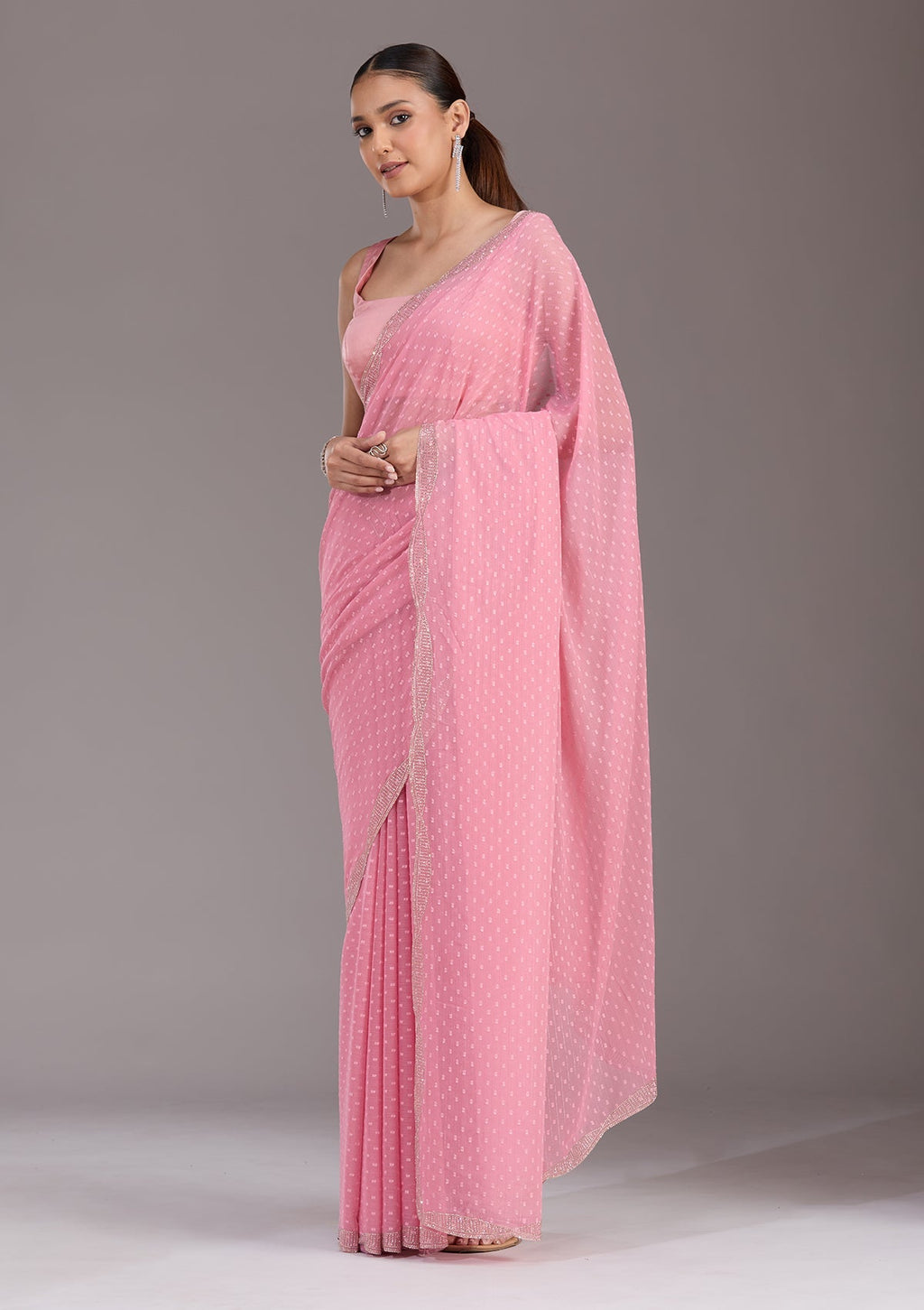 Gajari Pink Stonework (Silver) Chiffon Saree