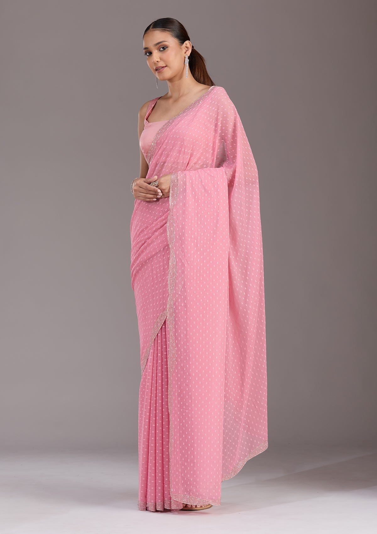 Gajari Pink Stonework (Silver) Chiffon Saree