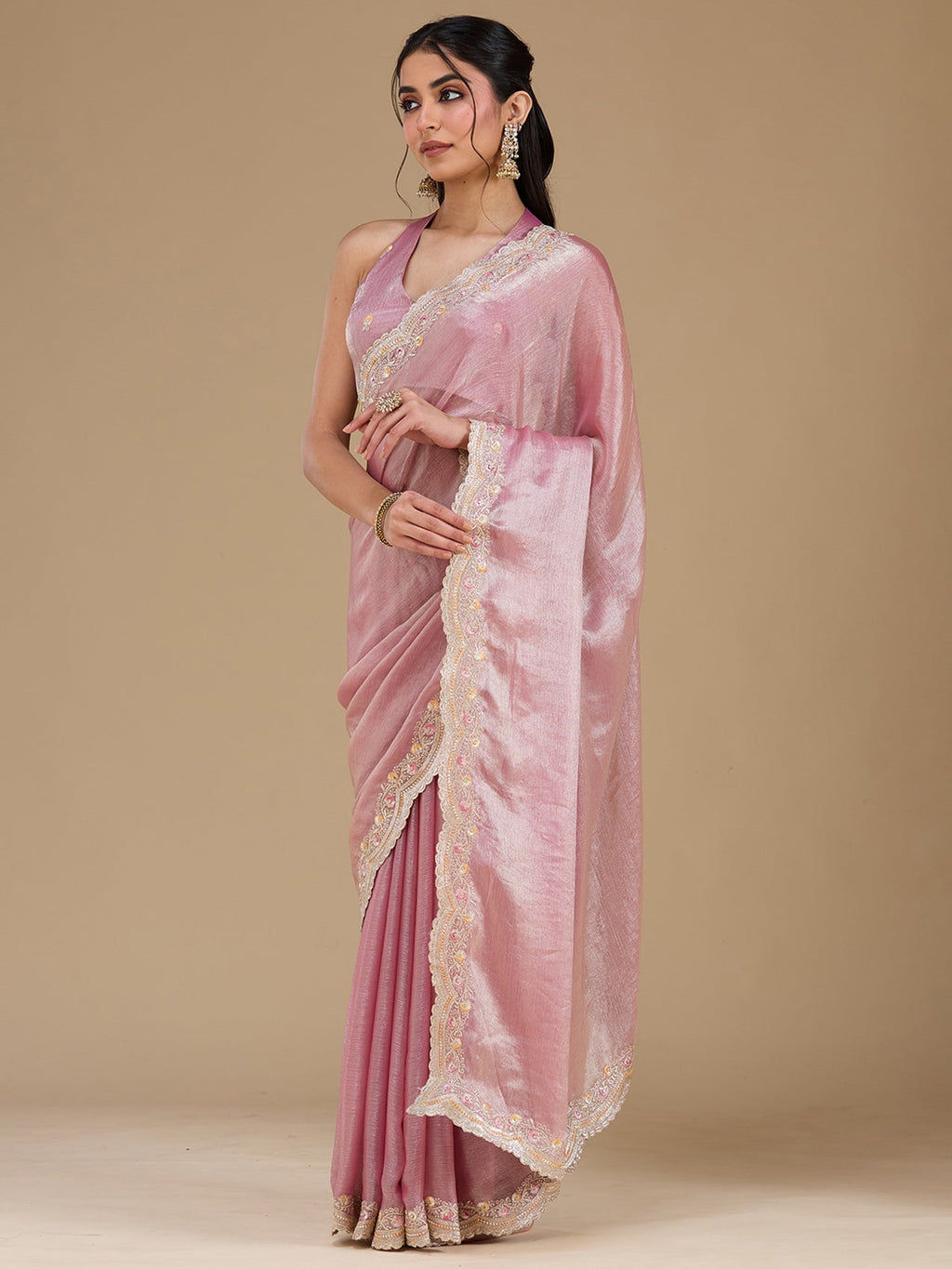 Onion Pink Zariwork (Gold) Tissue Saree