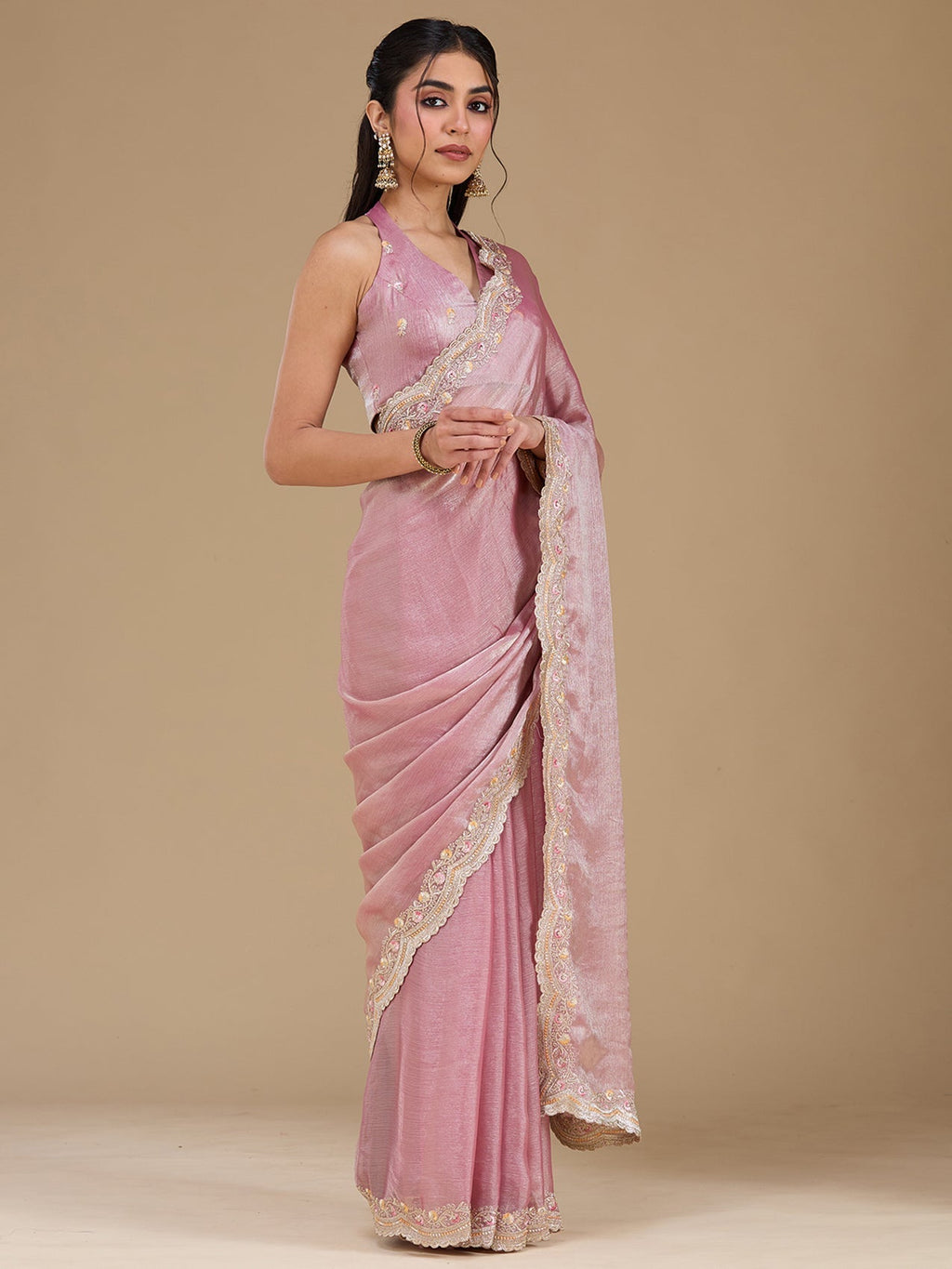 Onion Pink Zariwork (Gold) Tissue Saree