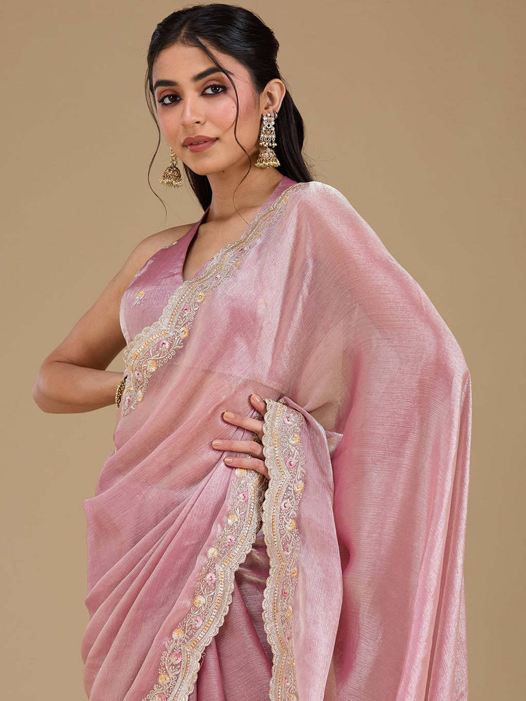 Onion Pink Zariwork (Gold) Tissue Saree