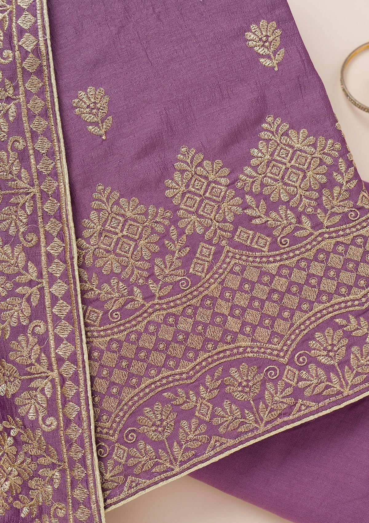 Lavender Zariwork Art Silk Unstitched Salwar Suit