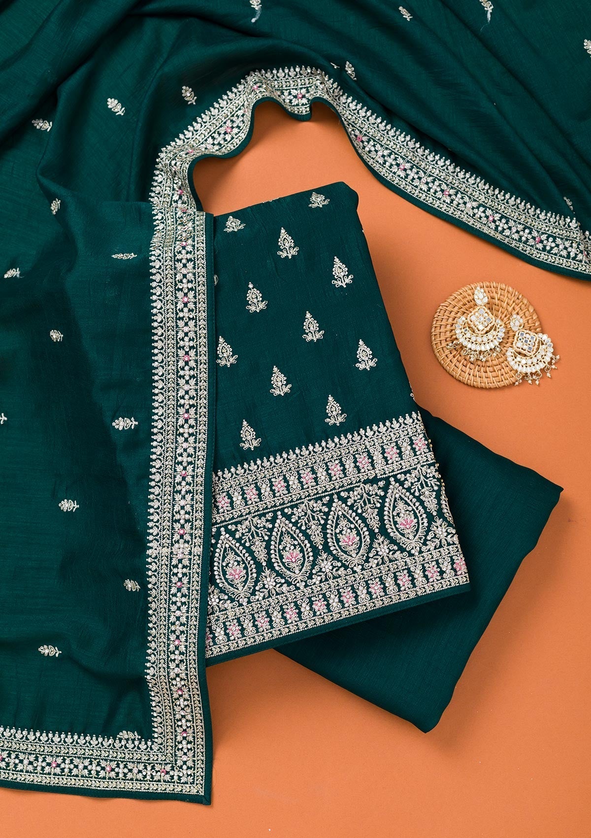 Bottle Green Zariwork Art Silk Unstitched Salwar Suit