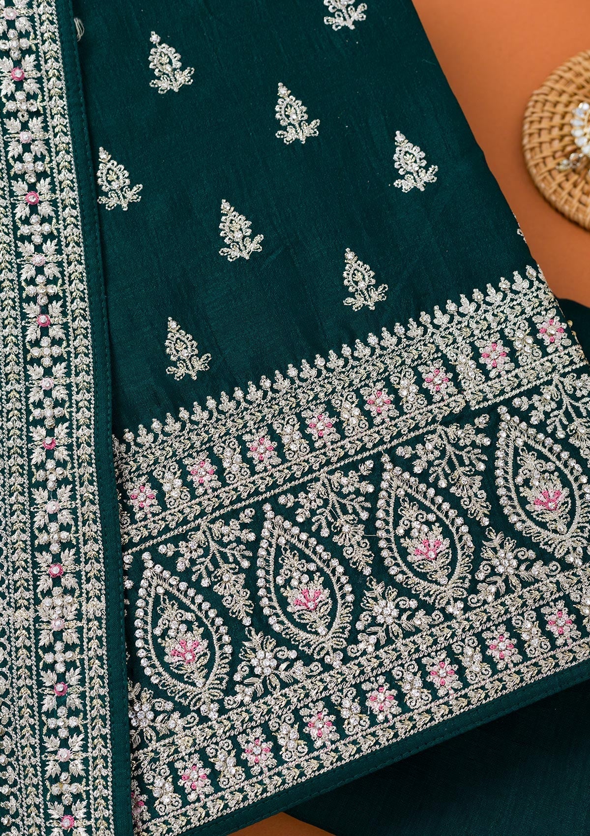 Bottle Green Zariwork Art Silk Unstitched Salwar Suit