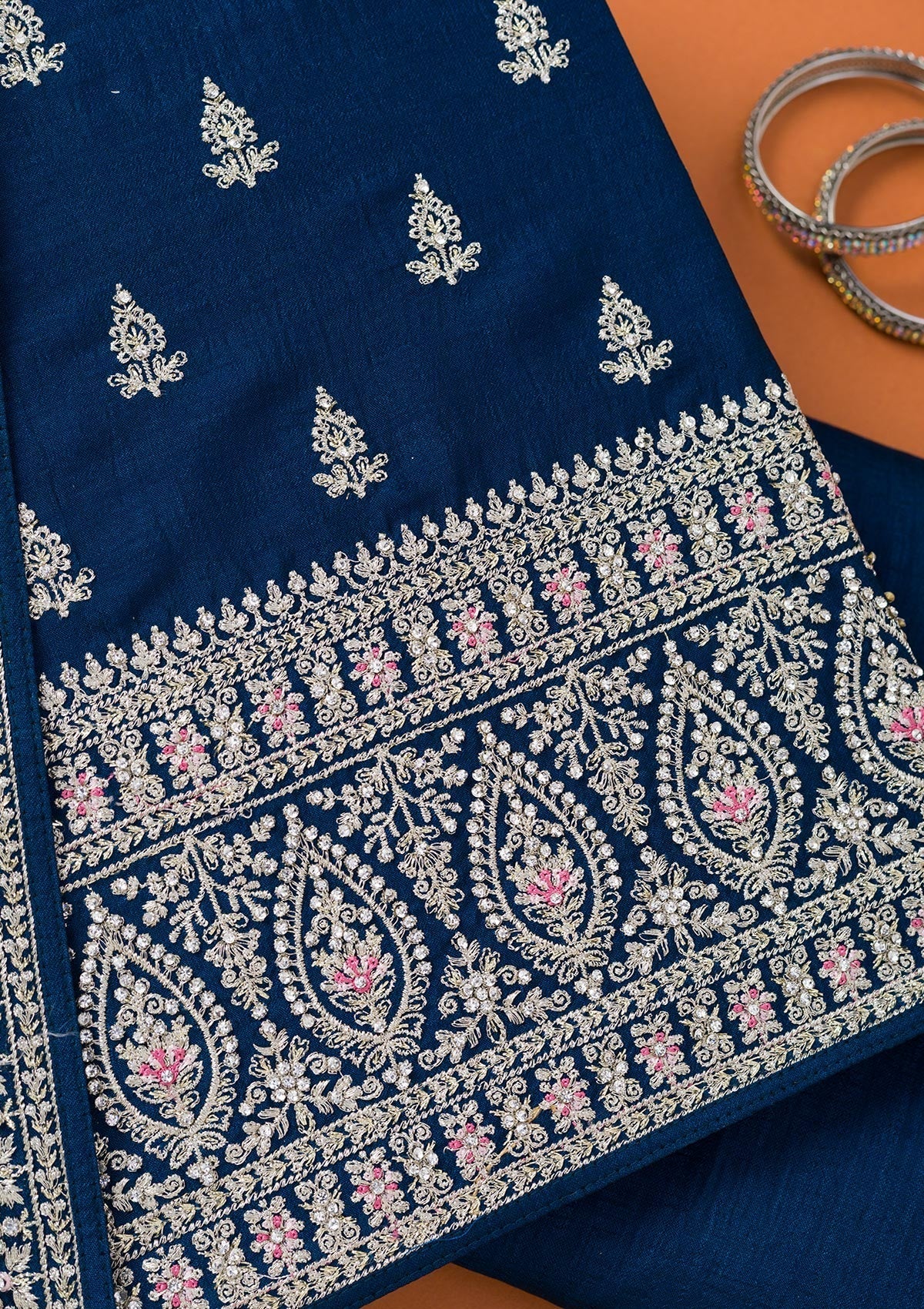 Peacock Blue Zariwork Art Silk Unstitched Salwar Suit