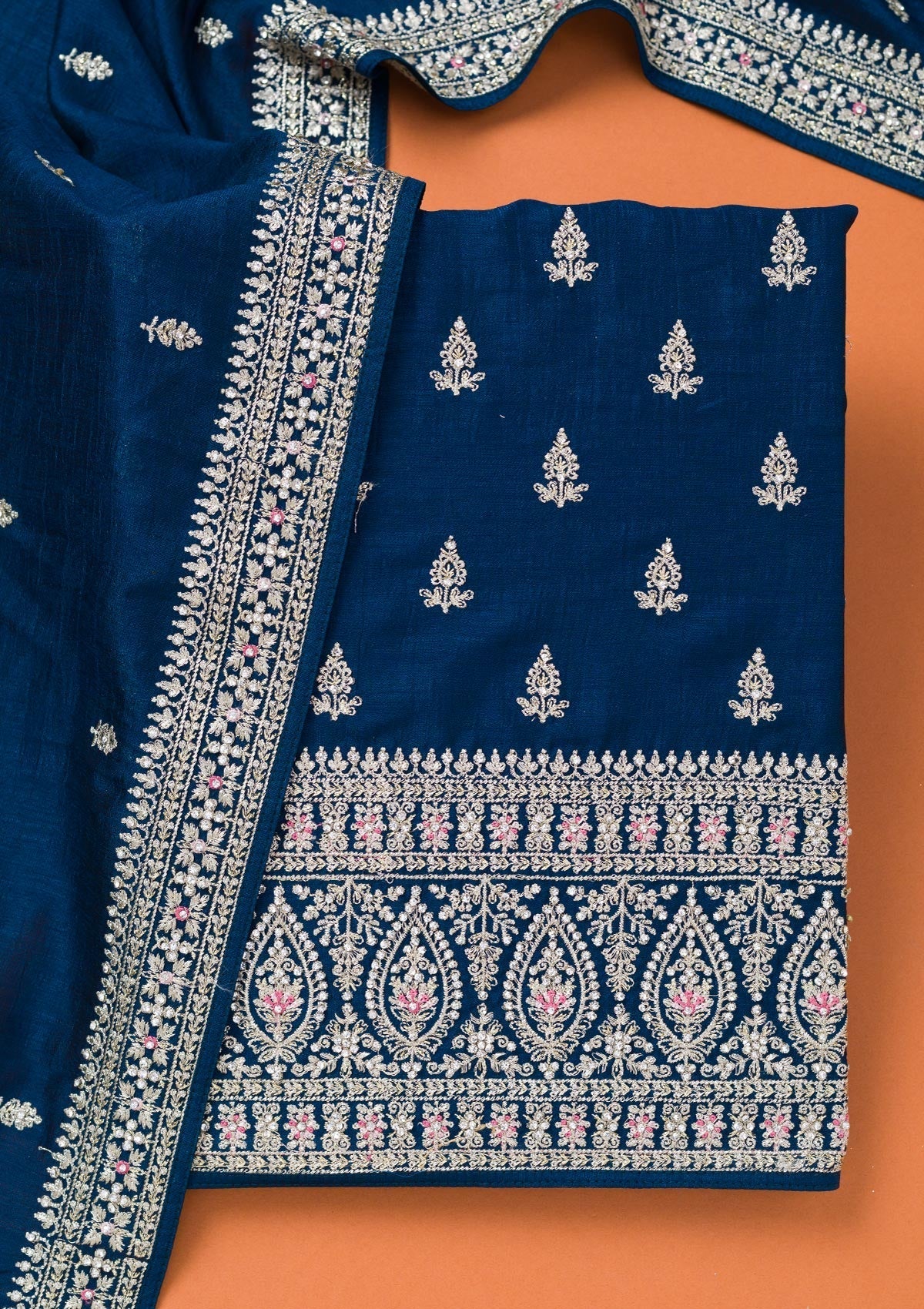 Peacock Blue Zariwork Art Silk Unstitched Salwar Suit