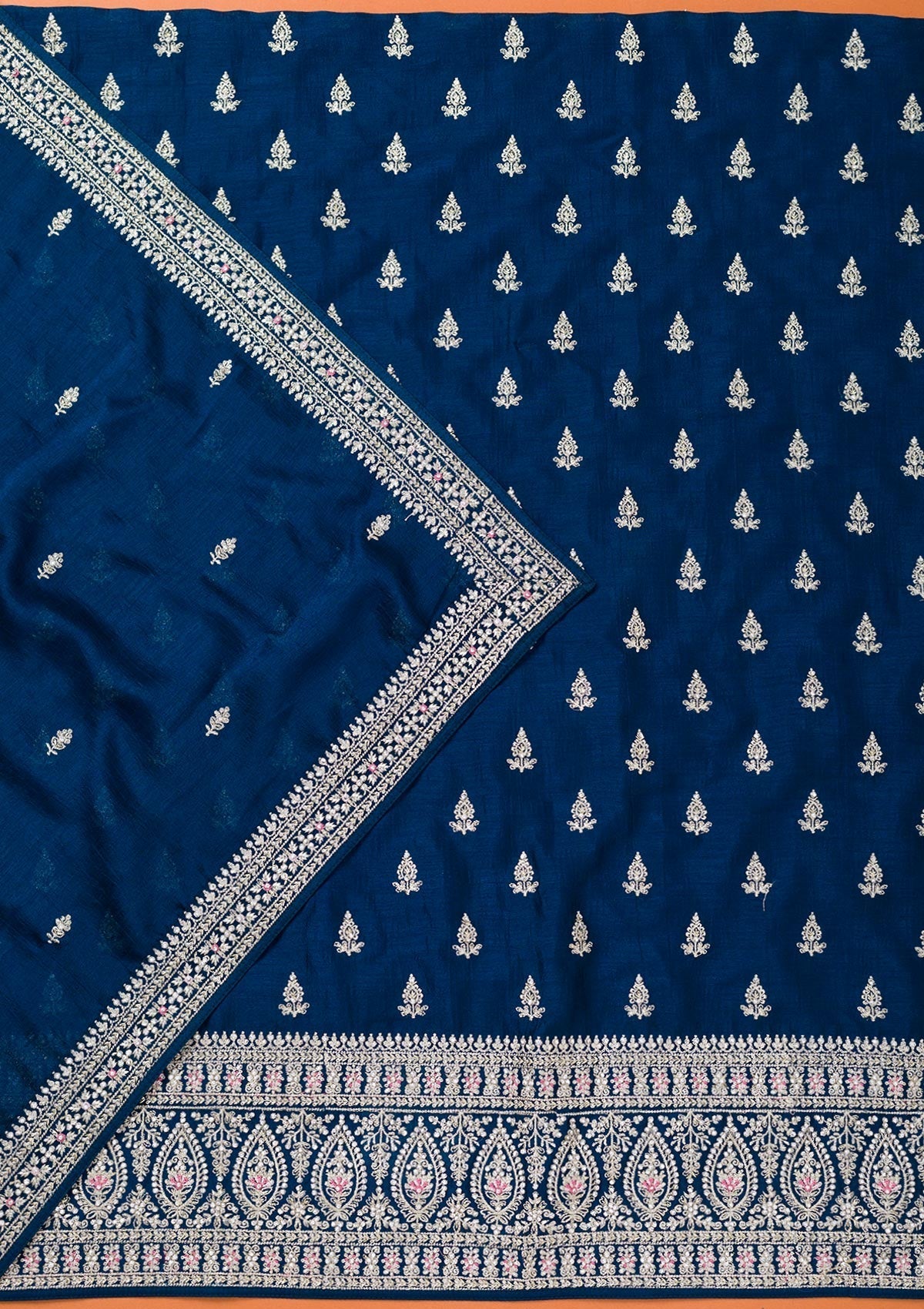 Peacock Blue Zariwork Art Silk Unstitched Salwar Suit