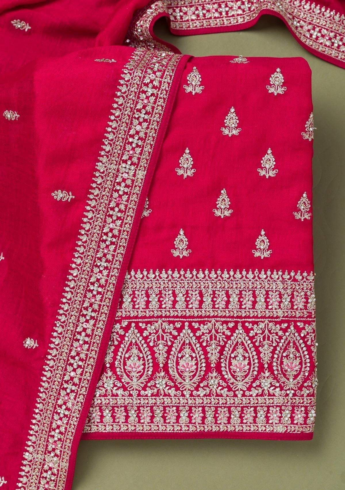 Rani Pink Zariwork Art Silk Unstitched Salwar Suit