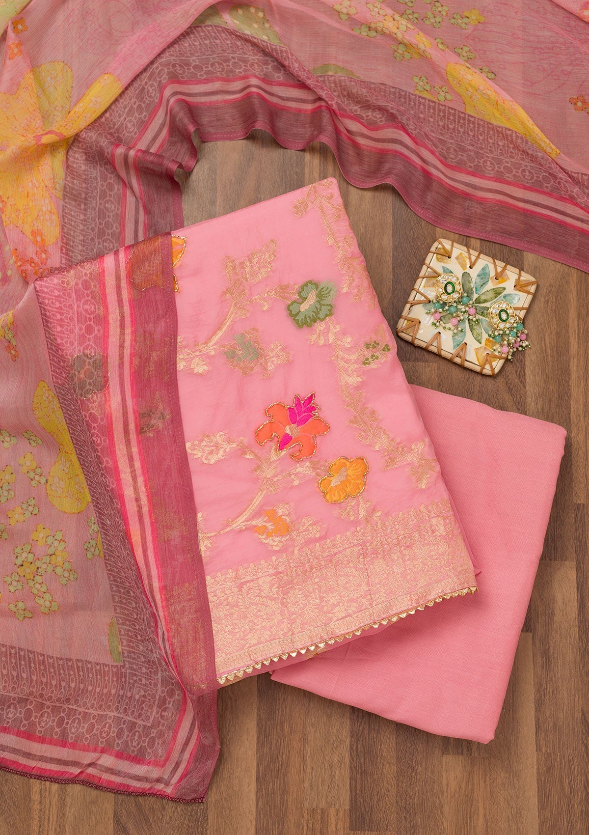 Pink Cutdana Art Silk Unstitched Salwar Suit