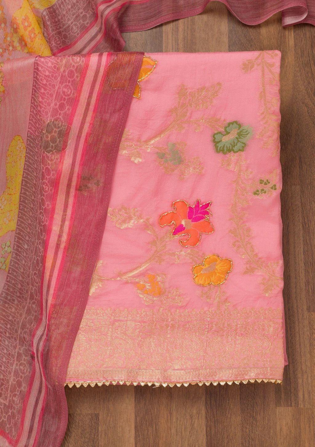 Pink Cutdana Art Silk Unstitched Salwar Suit