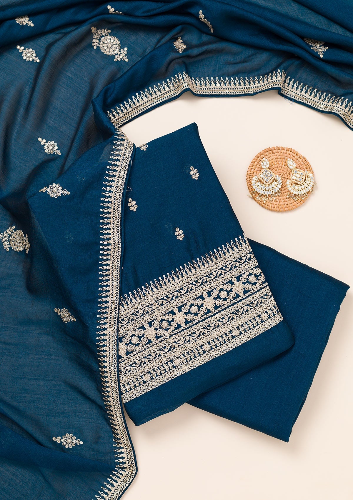 Peacock Blue Zariwork Art Silk Unstitched Salwar Suit