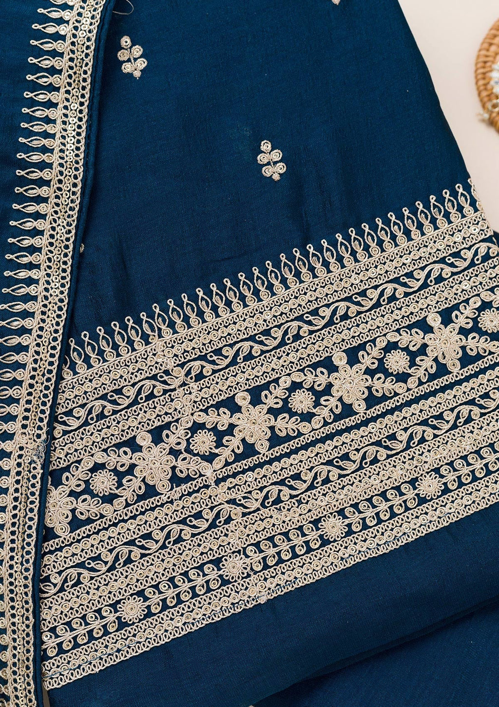 Peacock Blue Zariwork Art Silk Unstitched Salwar Suit