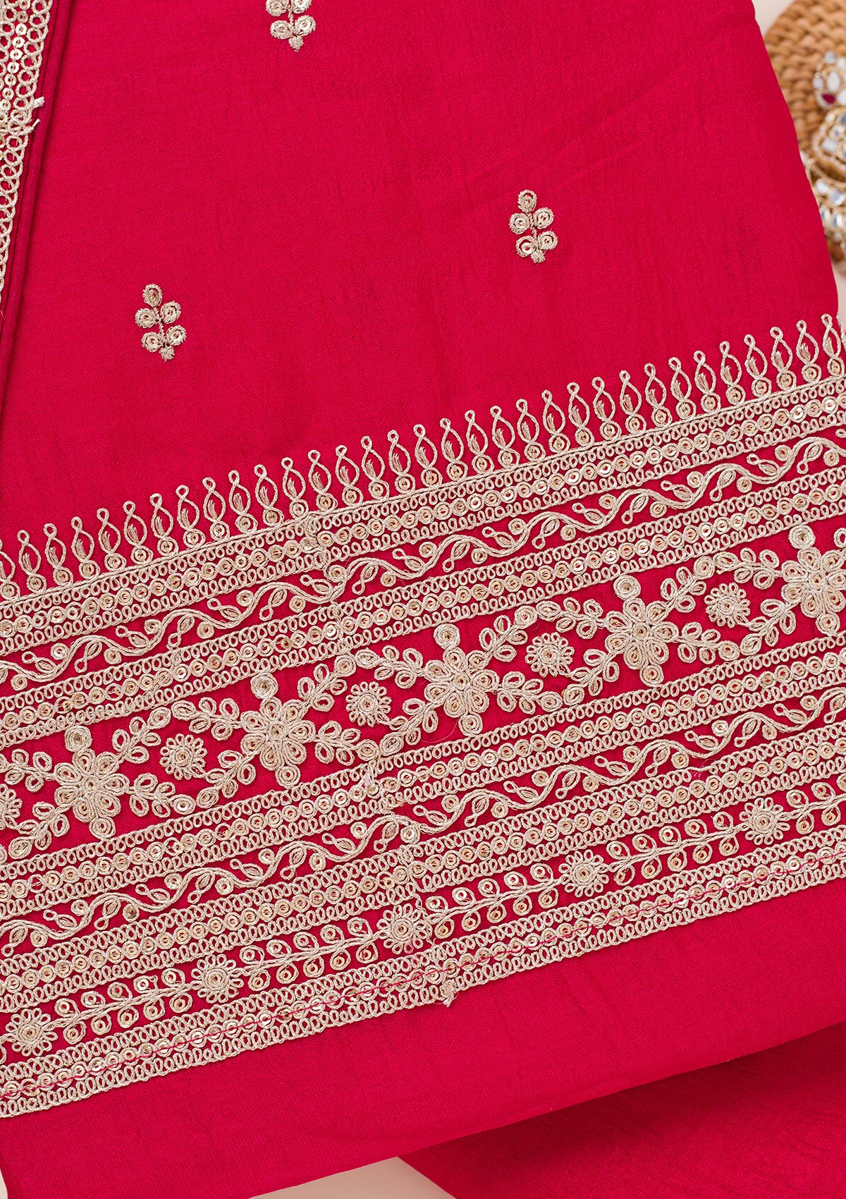 Rani Pink Zariwork Art Silk Unstitched Salwar Suit