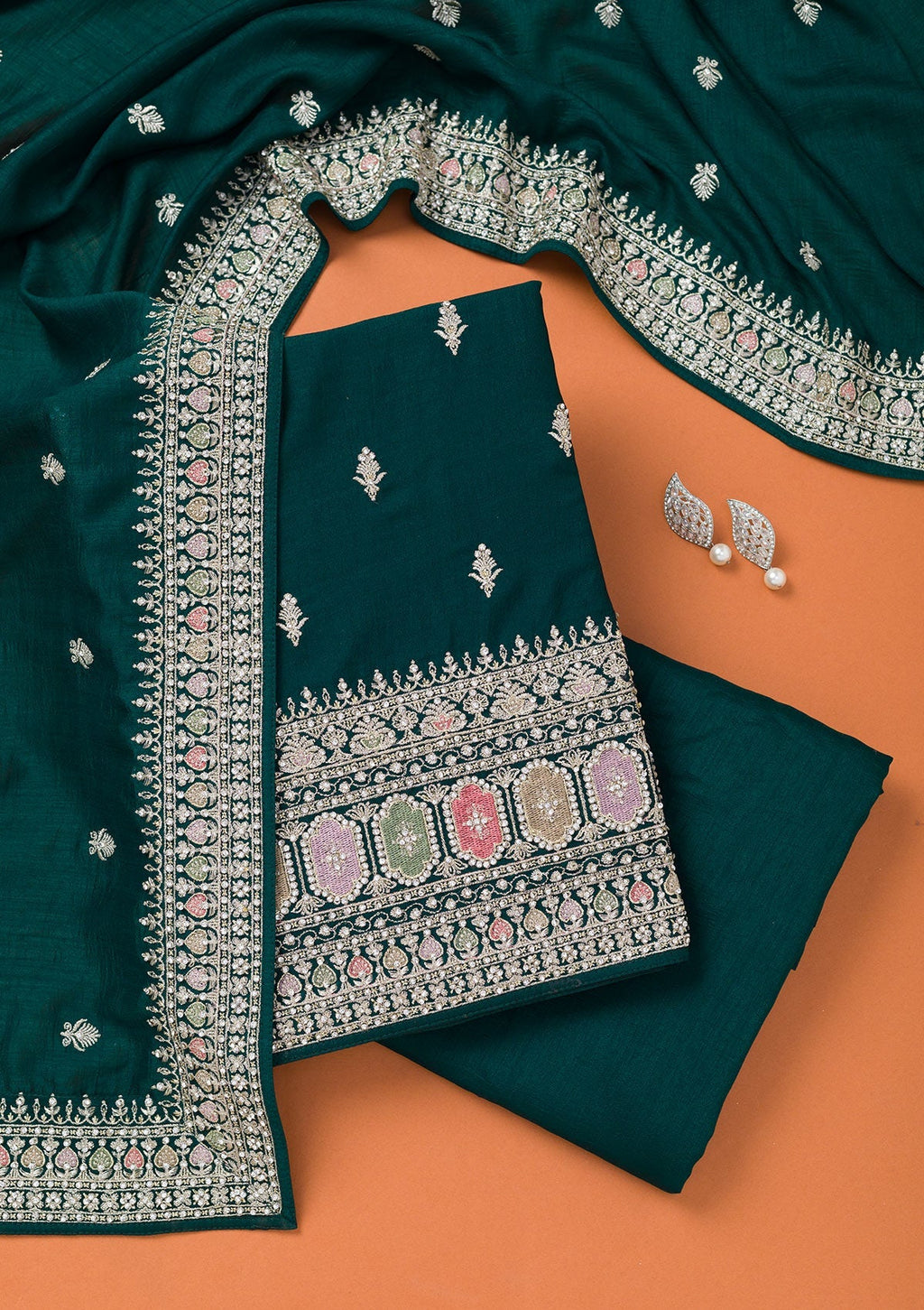 Bottle Green Zariwork Art Silk Unstitched Salwar Suit