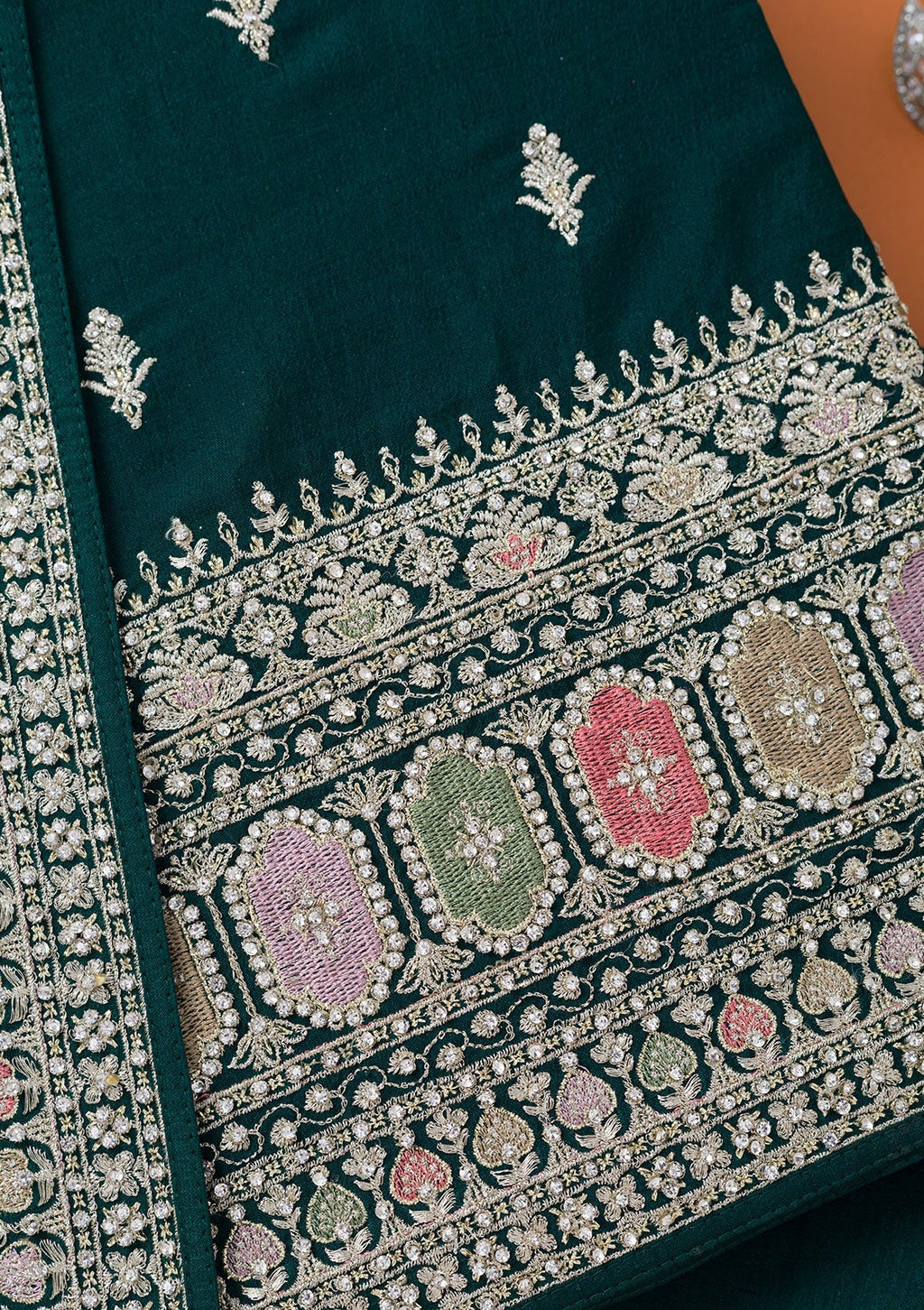 Bottle Green Zariwork Art Silk Unstitched Salwar Suit