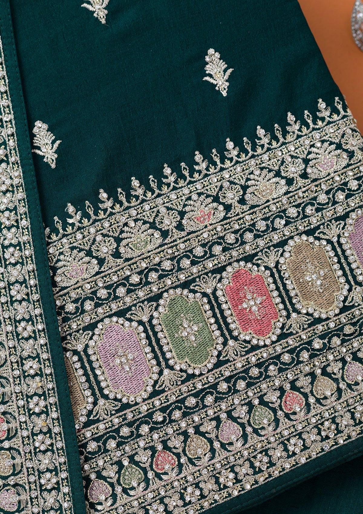 Bottle Green Zariwork Art Silk Unstitched Salwar Suit