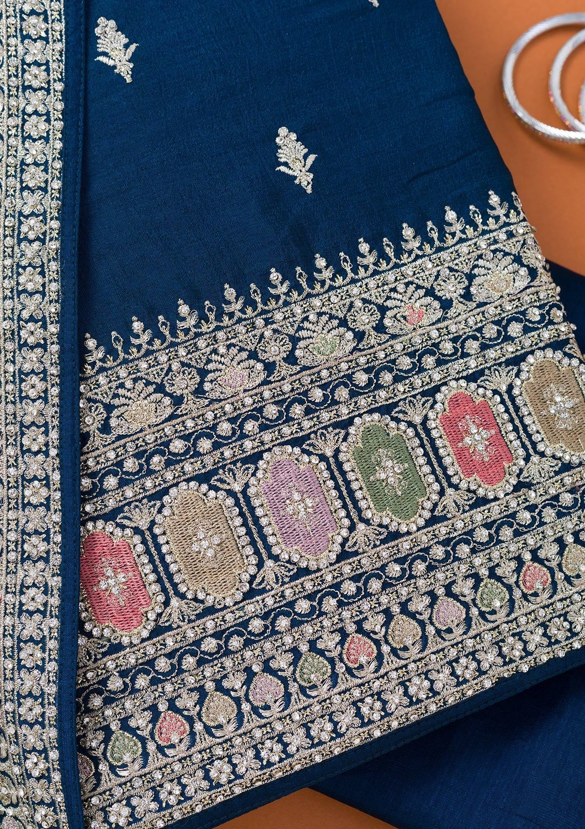 Peacock Blue Zariwork Art Silk Unstitched Salwar Suit