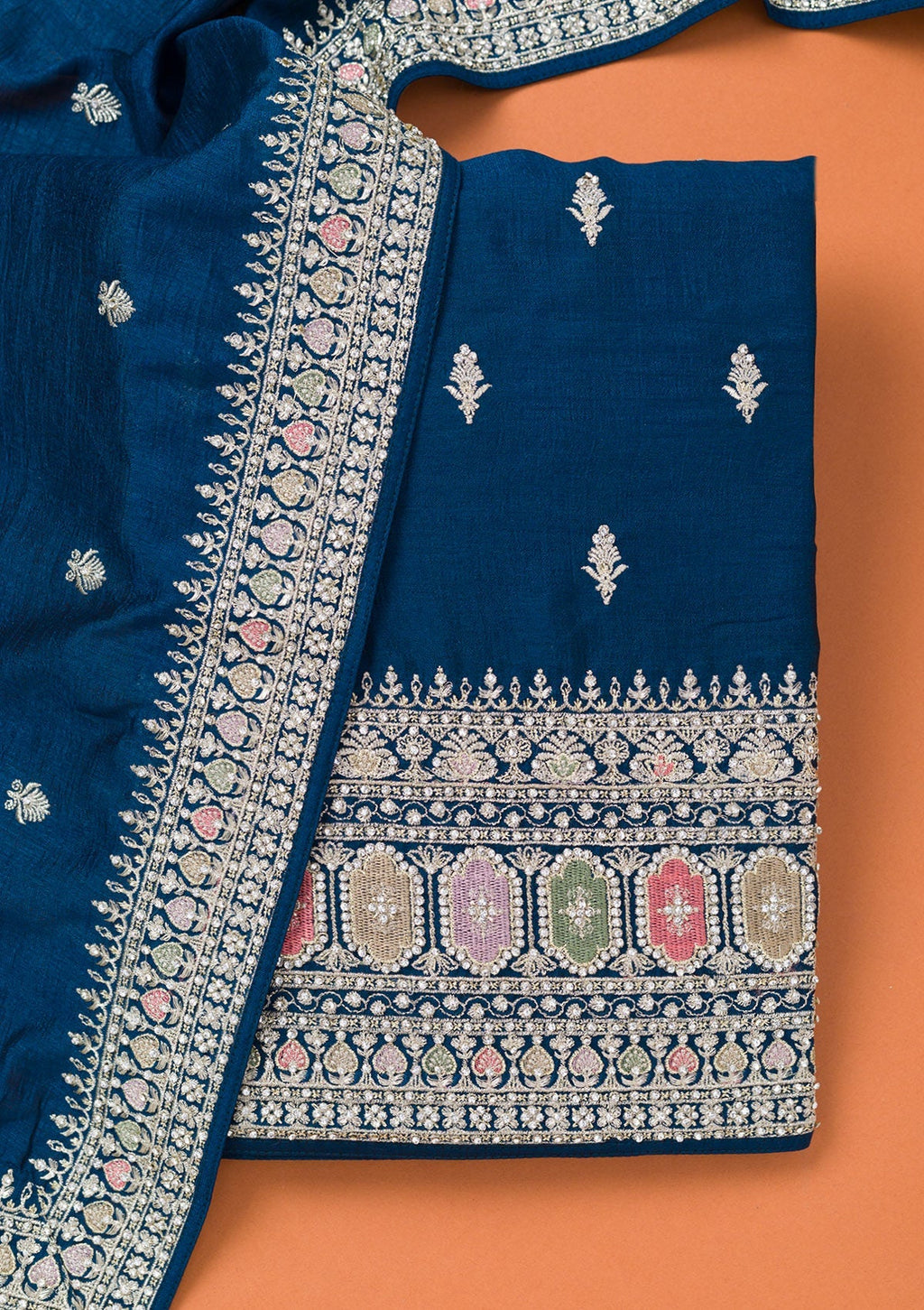 Peacock Blue Zariwork Art Silk Unstitched Salwar Suit