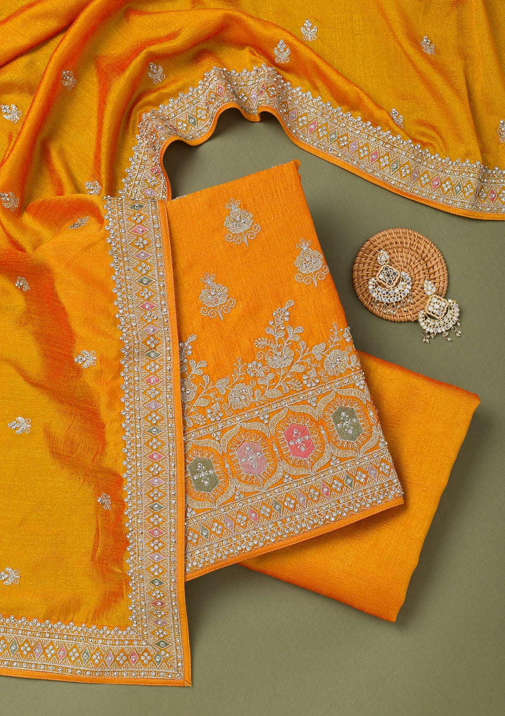 Mustard Zariwork Art Silk Unstitched Salwar Suit