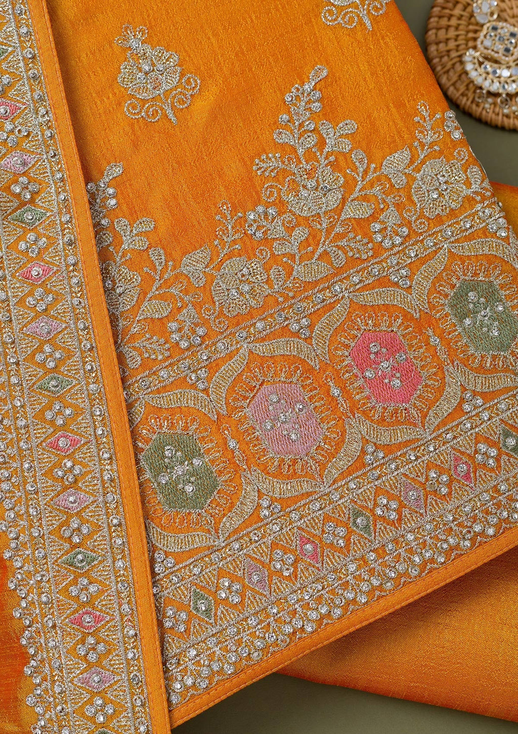 Mustard Zariwork Art Silk Unstitched Salwar Suit