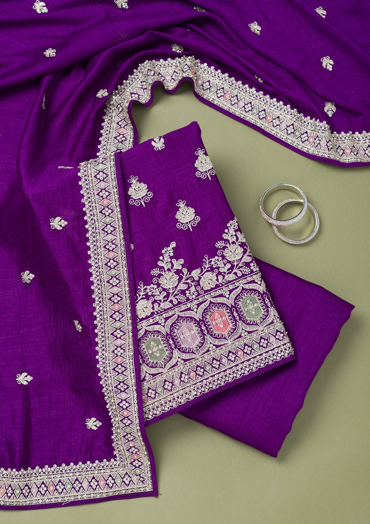 Purple Zariwork Art Silk Unstitched Salwar Suit