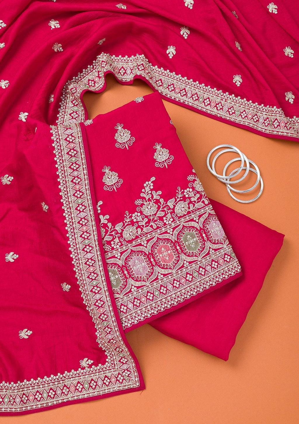 Rani Pink Zariwork Art Silk Unstitched Salwar Suit