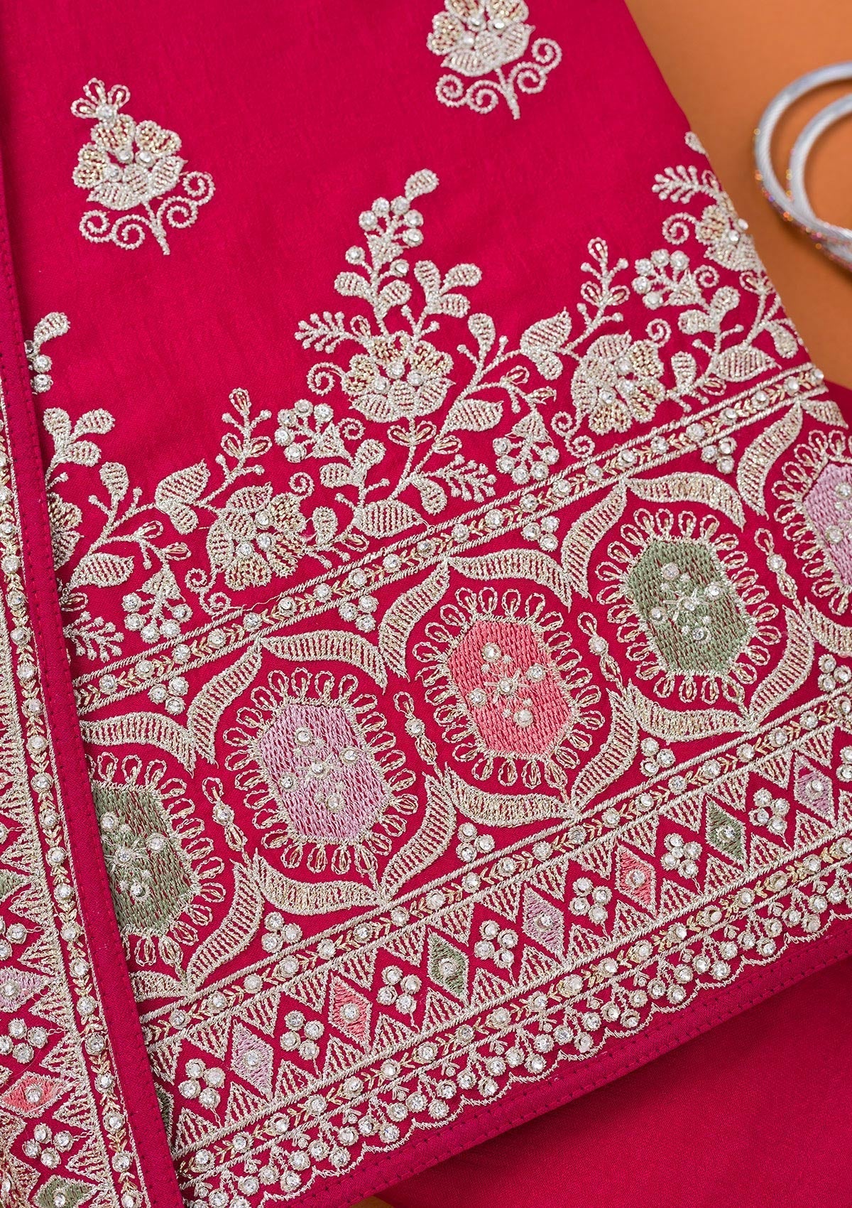 Rani Pink Zariwork Art Silk Unstitched Salwar Suit