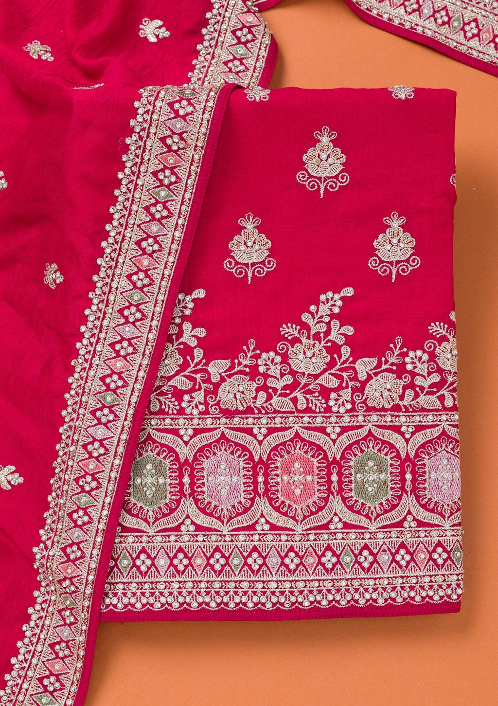 Rani Pink Zariwork Art Silk Unstitched Salwar Suit