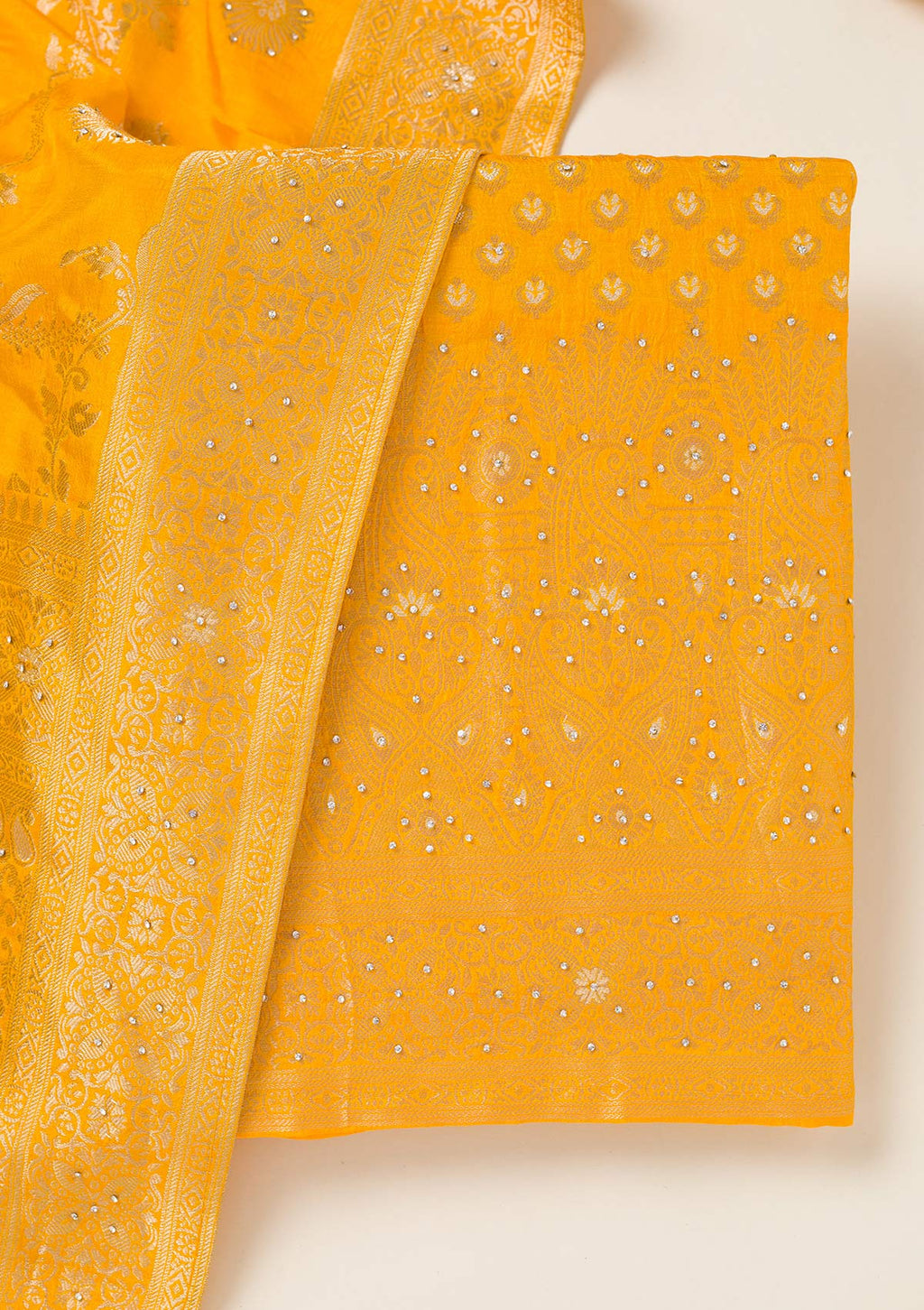 Yellow Zariwork Art Silk Unstitched Salwar Suit