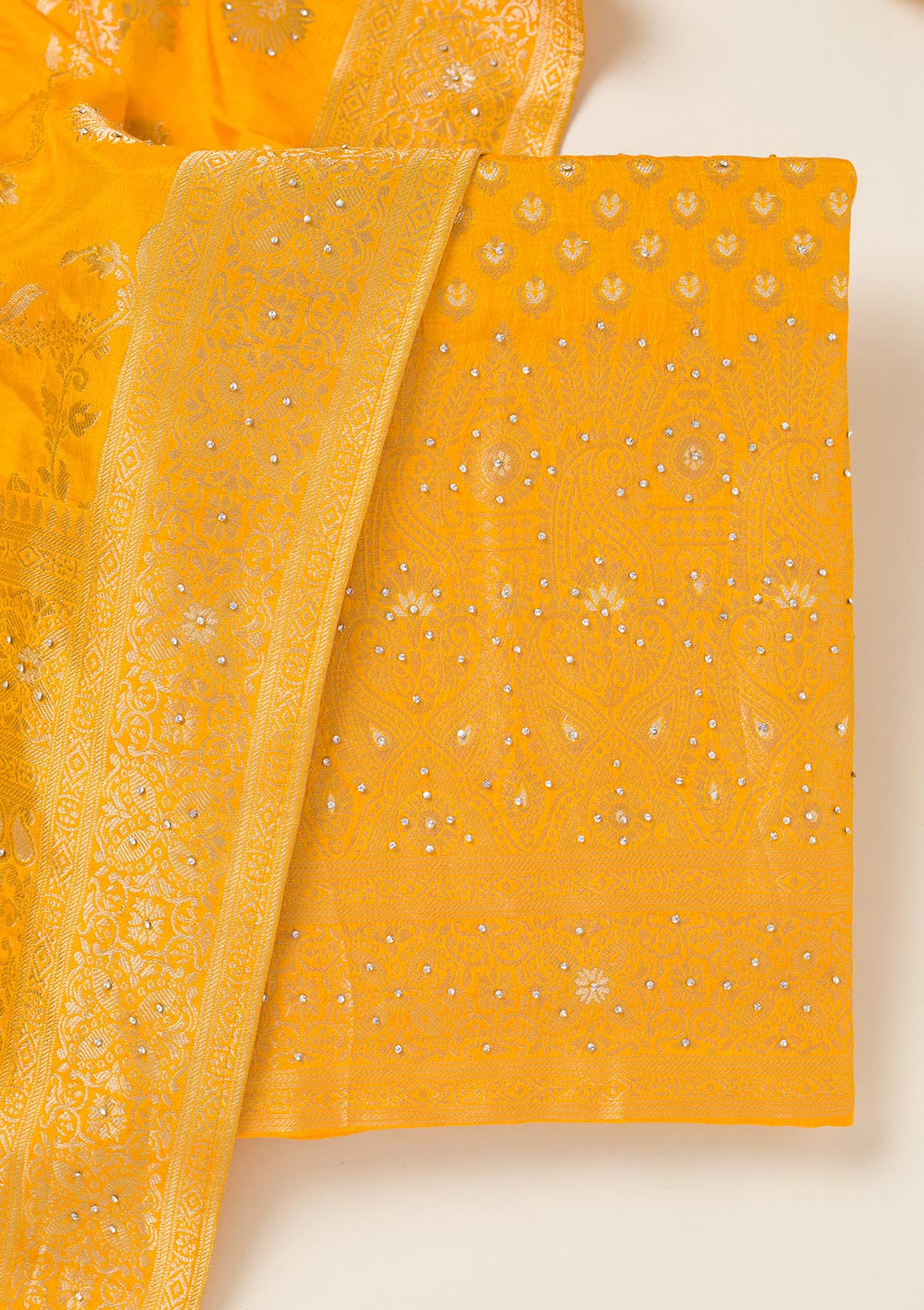 Yellow Zariwork Art Silk Unstitched Salwar Suit