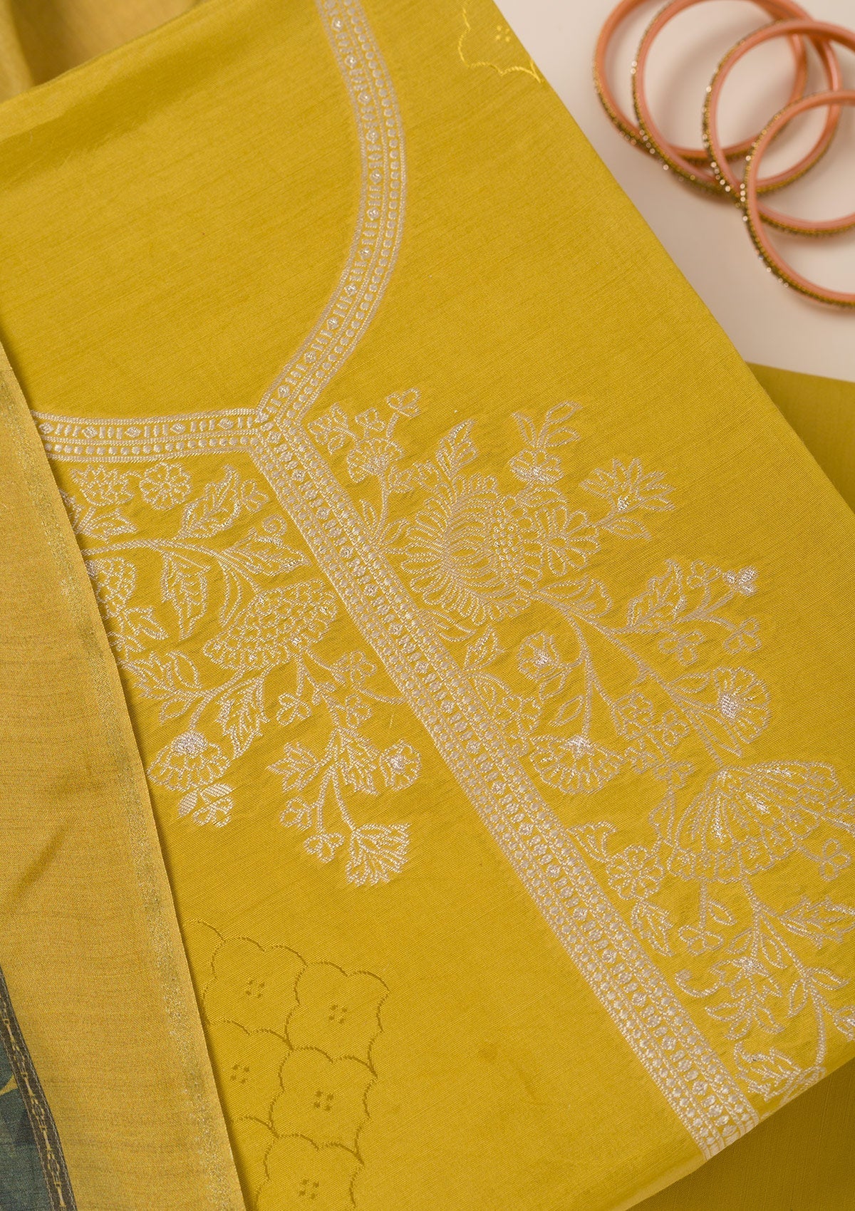 Mustard Zariwork Art Silk Unstitched Salwar Suit