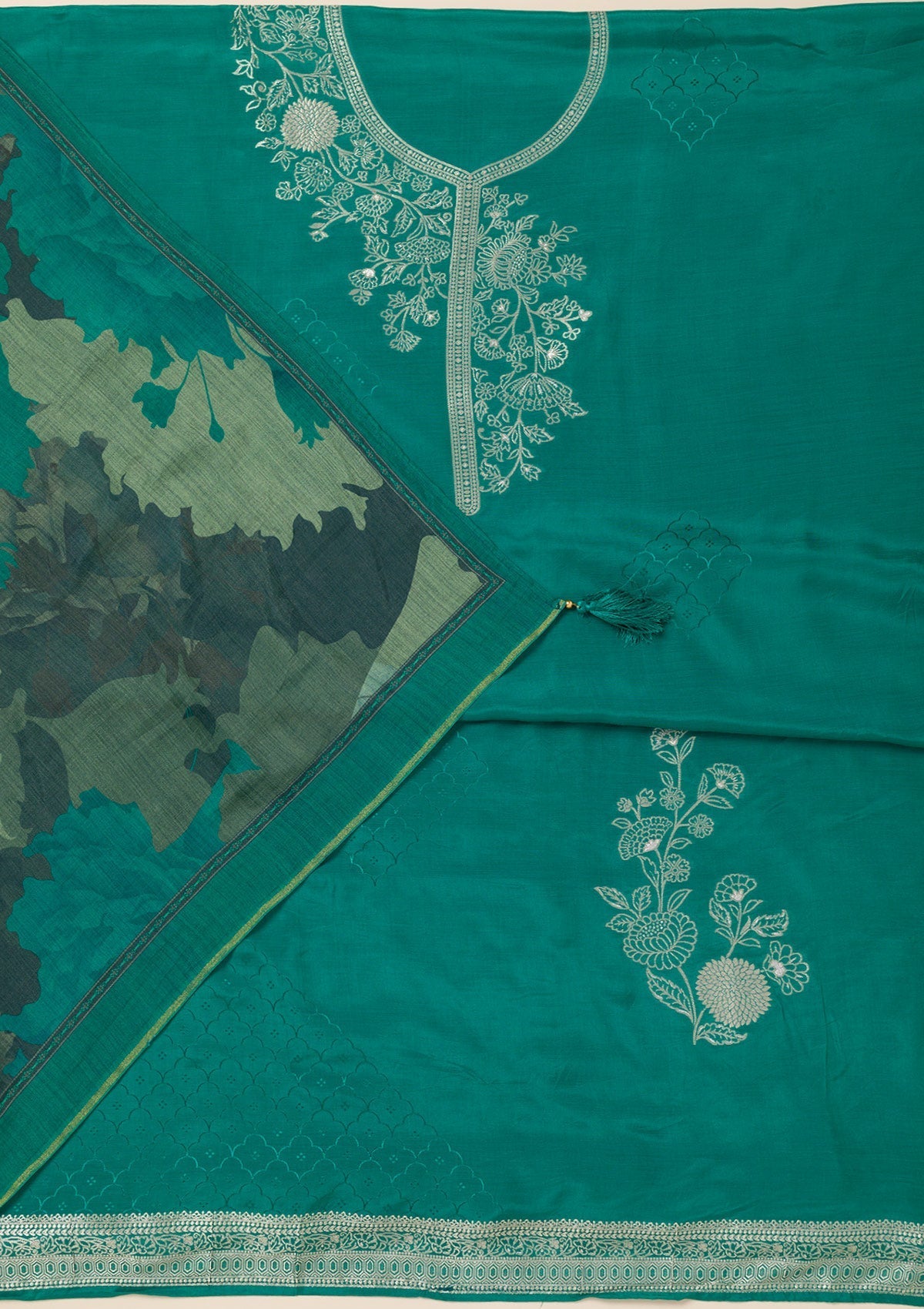 Sea Green Zariwork Art Silk Unstitched Salwar Suit