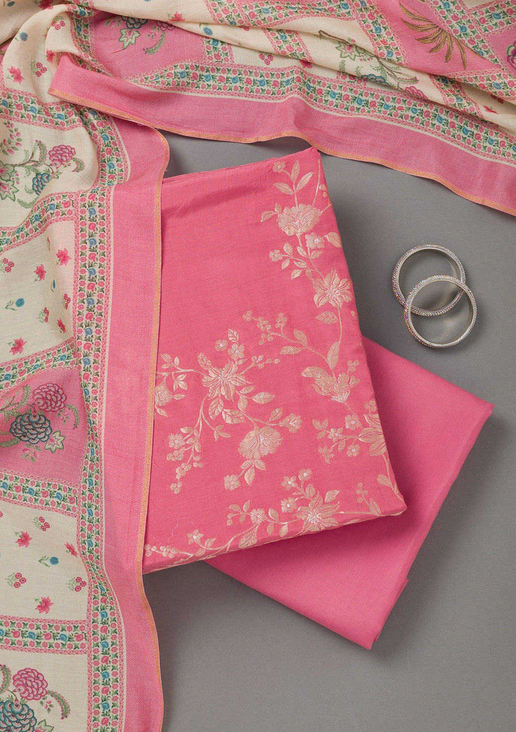 Pink Zariwork Art Silk Unstitched Salwar Suit