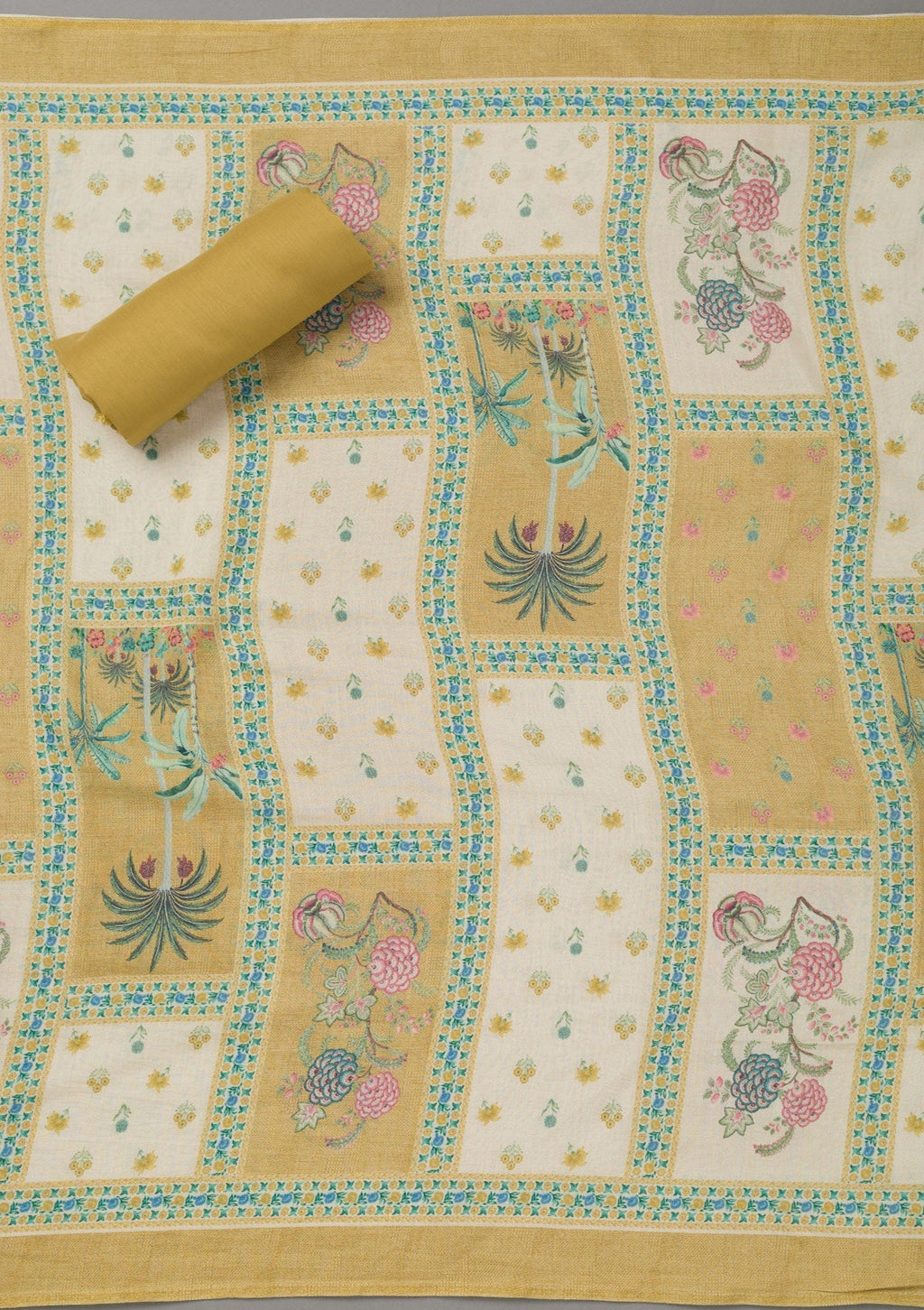 Mustard Yellow Zariwork Art Silk Unstitched Salwar Suit