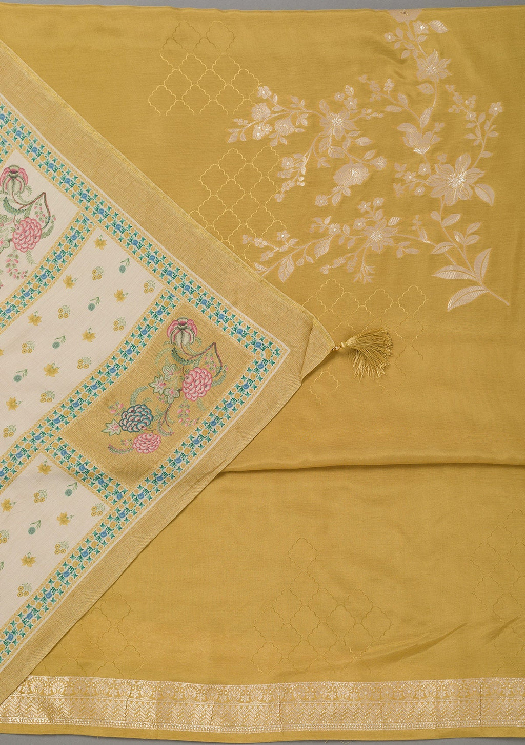 Mustard Yellow Zariwork Art Silk Unstitched Salwar Suit