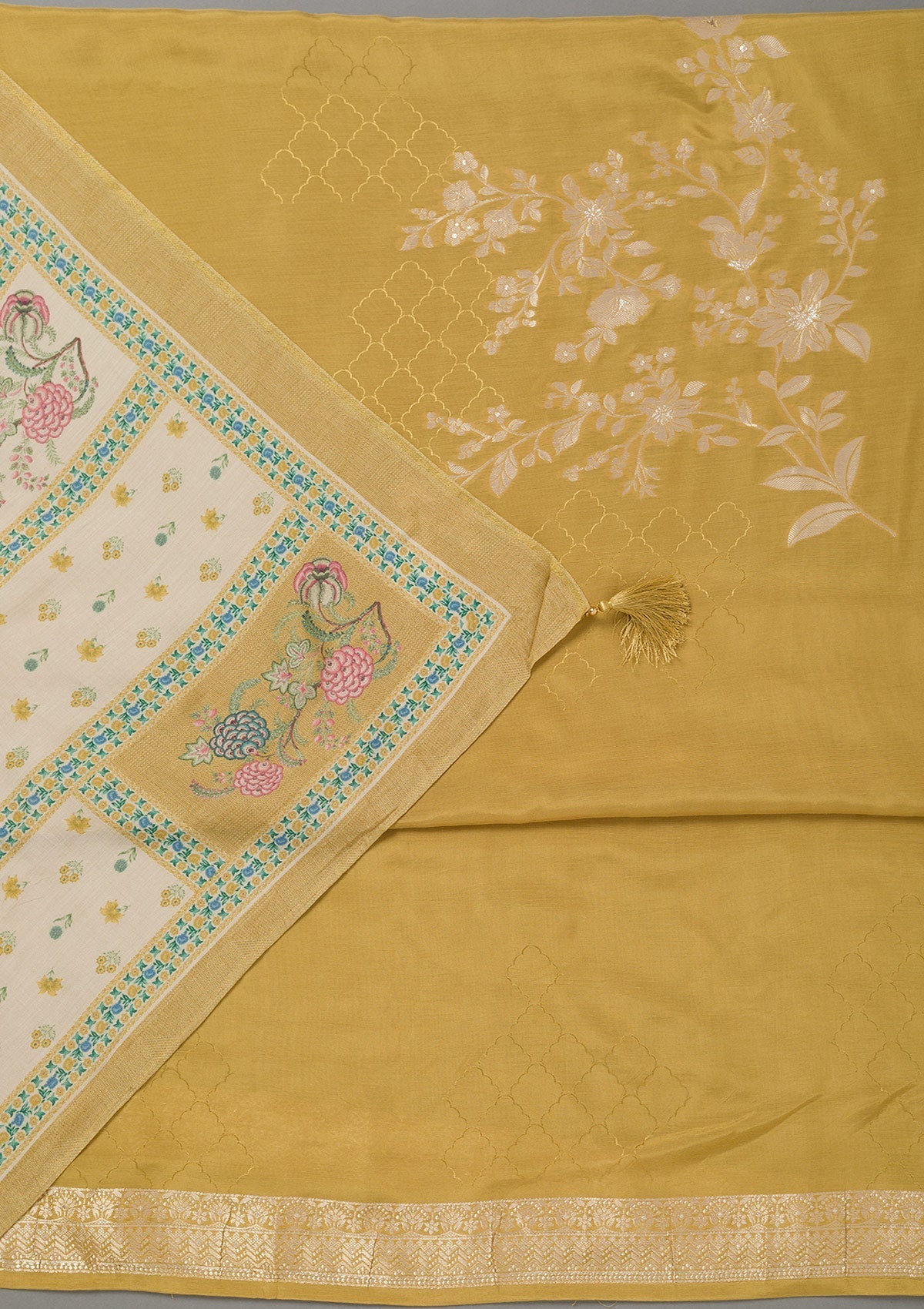 Mustard Yellow Zariwork Art Silk Unstitched Salwar Suit